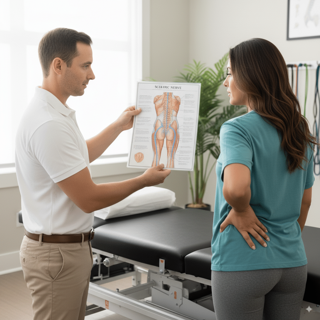Chiropractor treating sciatica pain patient in Pompano Beach clinic exam room